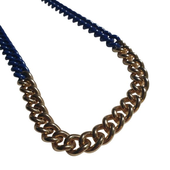 Blue Gold Tone Chain Link Statement Necklace 30 Inch Length Bold Two Tone Design - Picture 2 of 4